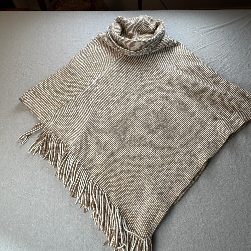 Chico's Cowl Neck Poncho Beige White Gold Threading One SIze Fringe
